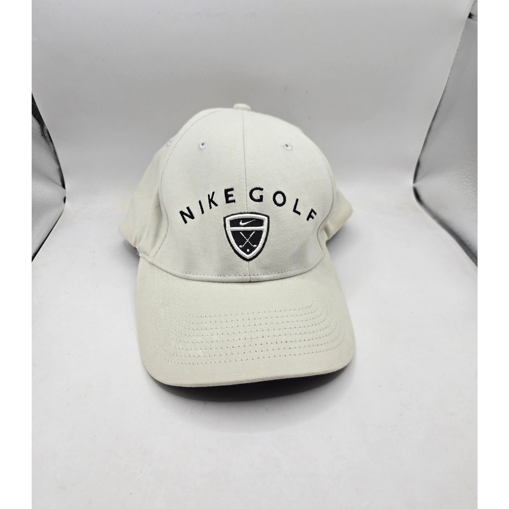 Vintage Nike Golf Hat Mens OSFA Cream Embroidered Shield Stretch Fit Cap Y2K